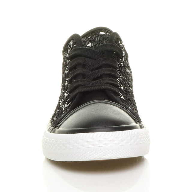 Front view of Black Flat Mesh Sequin Plimsolls Trainers Sneakers