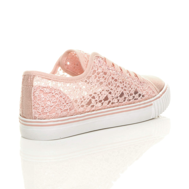 Back right side view of Pink Flat Mesh Sequin Plimsolls Trainers Sneakers