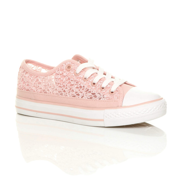 Front right side view of Pink / White Flat Mesh Sequin Plimsolls Trainers Sneakers