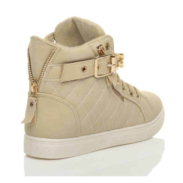 Back right side view of Beige PU Gold Chain Lace Up Quilted Trainers