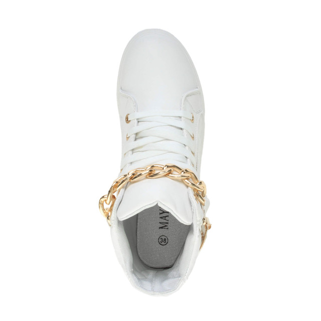 Top view of White PU Gold Chain Lace Up Quilted Trainers