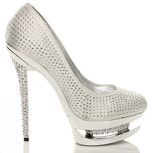 Right side view of Ivory Satin High Heel Sparkly Diamante Platform Court Shoes
