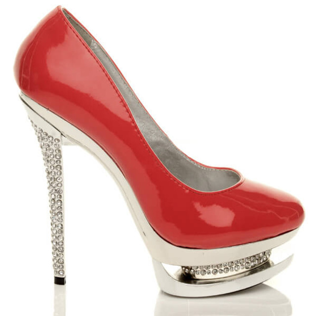 Right side view of Red Patent High Heel Sparkly Diamante Platform Court Shoes