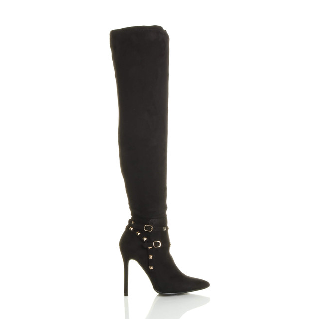 Right side view of Black Suede High Heel Studded Stirrup Over The Knee Pointed Boots