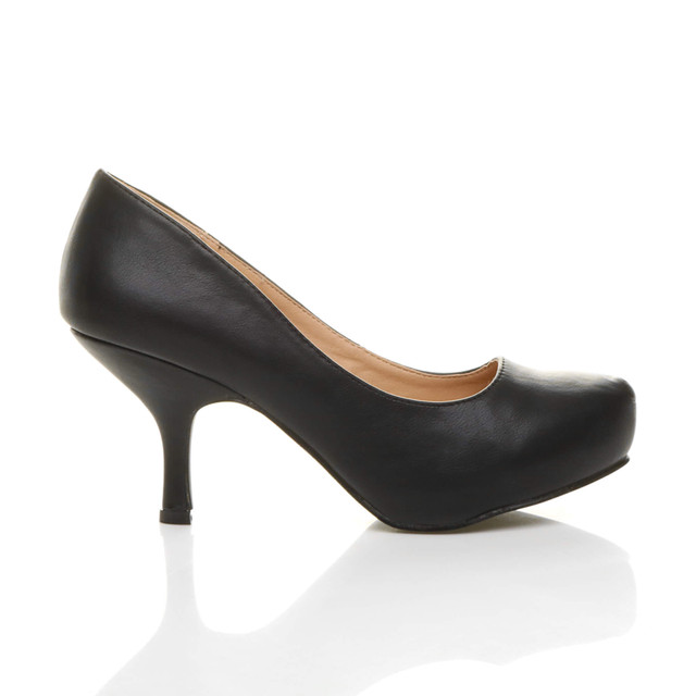 Right side view of Black PU Mid Heel Concealed Platform Court Shoes