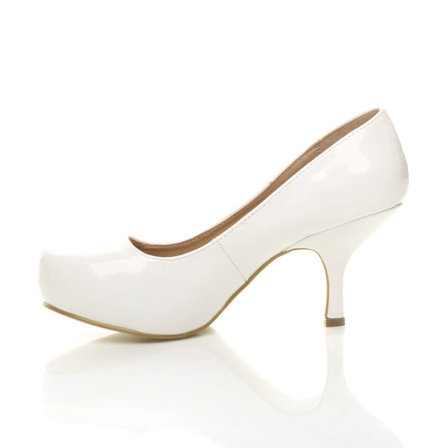 Left side view of White Patent Mid Heel Concealed Platform Court Shoes