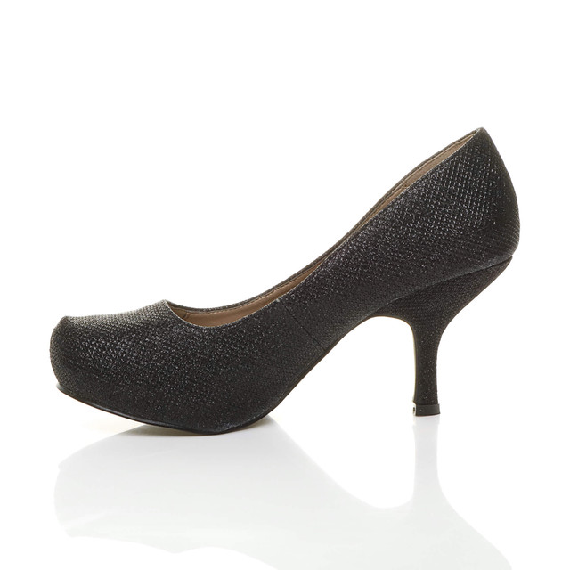 Left side view of Black Glitter Mid Heel Concealed Platform Court Shoes