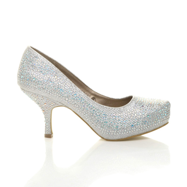 Right side view of Silver Diamante Glitter Mid Heel Concealed Platform Court Shoes