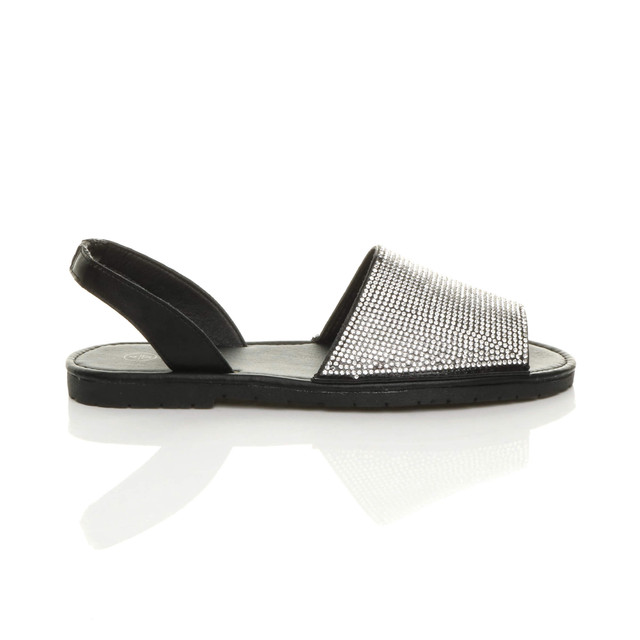 Right side view of Black PU Flat Diamante Slingback Menorcan Sandals