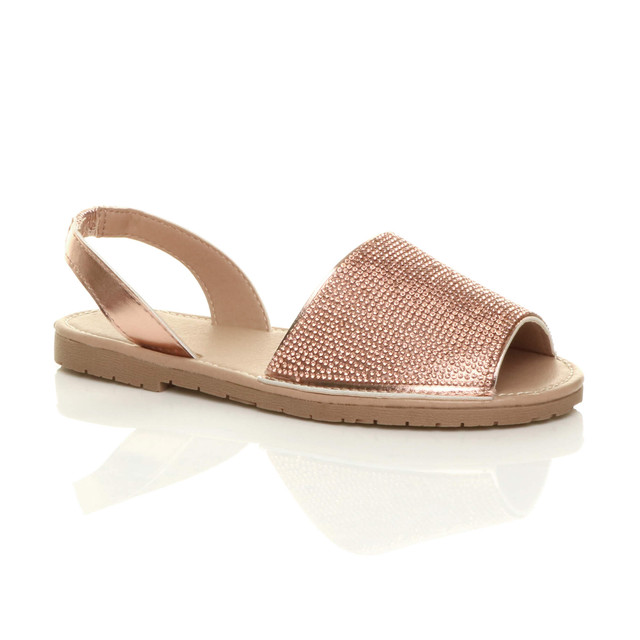 Front right side view of Rose Gold PU Flat Diamante Slingback Menorcan Sandals
