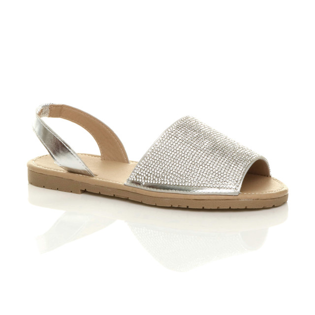Front right side view of Silver PU Flat Diamante Slingback Menorcan Sandals