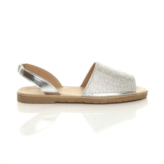 Right side view of Silver PU Flat Diamante Slingback Menorcan Sandals