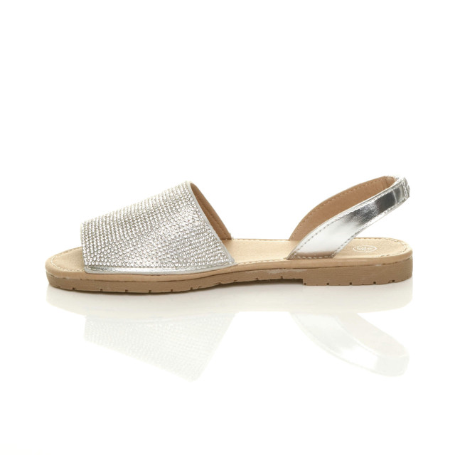 Left side view of Silver PU Flat Diamante Slingback Menorcan Sandals