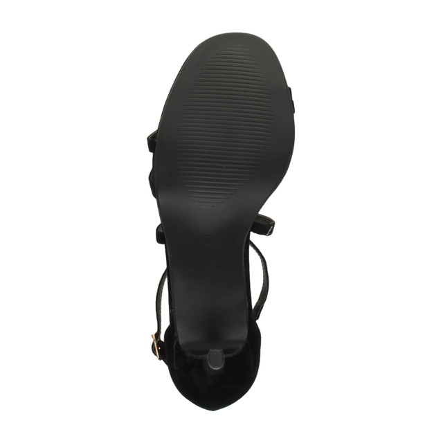 Bottom view of the sole of Black Suede Mid Heel Strappy Crossover Sandals