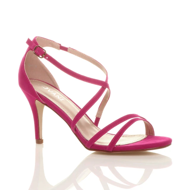 Front right side view of Fuchsia Pink Suede Mid Heel Strappy Crossover Sandals