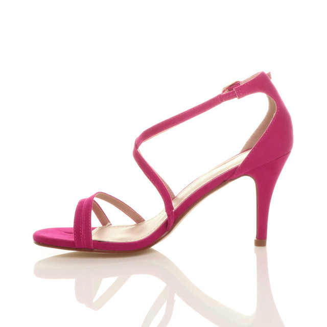Left side view of Fuchsia Pink Suede Mid Heel Strappy Crossover Sandals