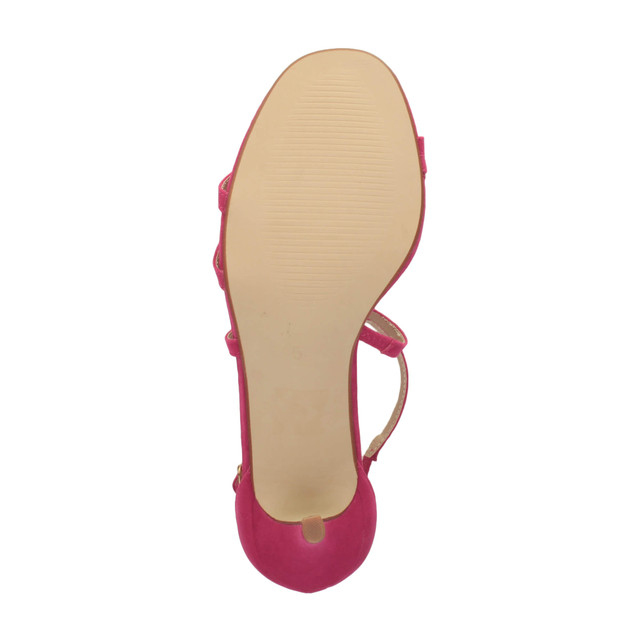 Bottom view of the sole of Fuchsia Pink Suede Mid Heel Strappy Crossover Sandals