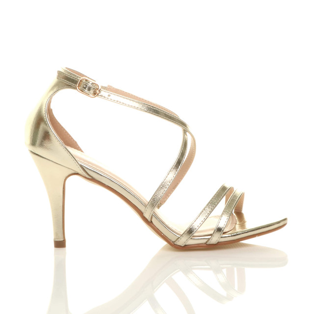 Right side view of Gold PU Mid Heel Strappy Crossover Sandals
