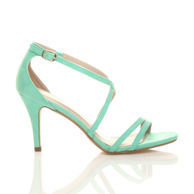 Right side view of Mint Suede Mid Heel Strappy Crossover Sandals