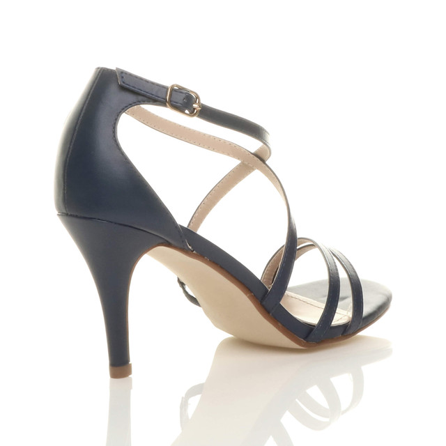 Back right side view of Navy PU Mid Heel Strappy Crossover Sandals