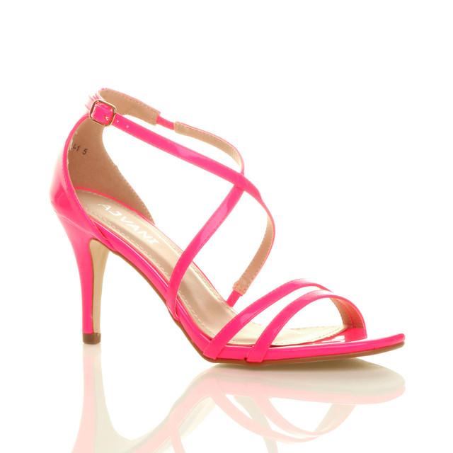 Front right side view of Neon Fuchsia Patent Mid Heel Strappy Crossover Sandals