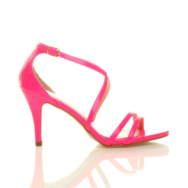 Right side view of Neon Fuchsia Patent Mid Heel Strappy Crossover Sandals