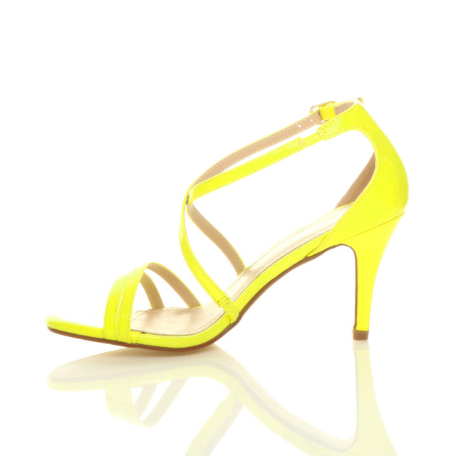 Left side view of Neon Yellow Patent Mid Heel Strappy Crossover Sandals