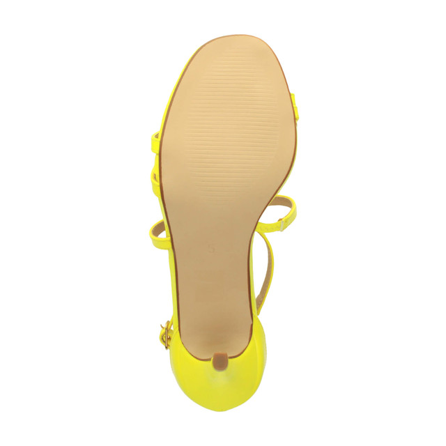 Bottom view of the sole of Neon Yellow Patent Mid Heel Strappy Crossover Sandals