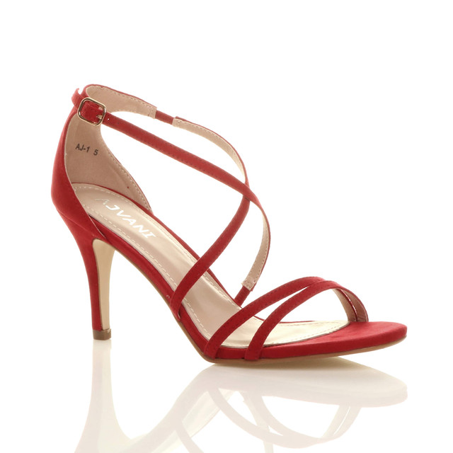 Front right side view of Red Suede Mid Heel Strappy Crossover Sandals