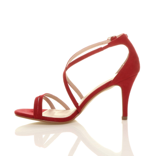 Left side view of Red Suede Mid Heel Strappy Crossover Sandals