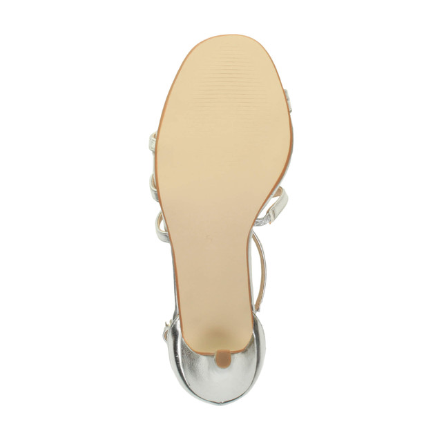 Bottom view of the sole of Silver PU Mid Heel Strappy Crossover Sandals