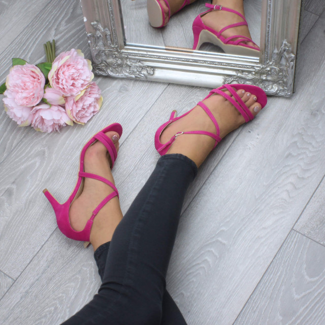 Model wearing Fuchsia Pink Suede Mid Heel Strappy Crossover Sandals