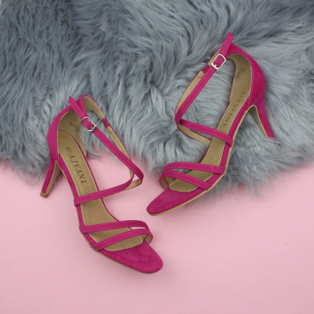Fuchsia Pink Suede Mid Heel Strappy Crossover Sandals