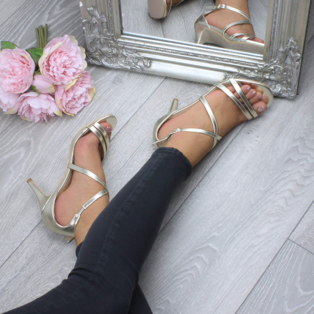 Model wearing Gold PU Mid Heel Strappy Crossover Sandals