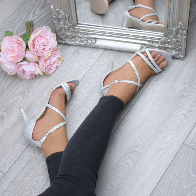 Model wearing Silver Mesh Glitter Mid Heel Strappy Crossover Sandals