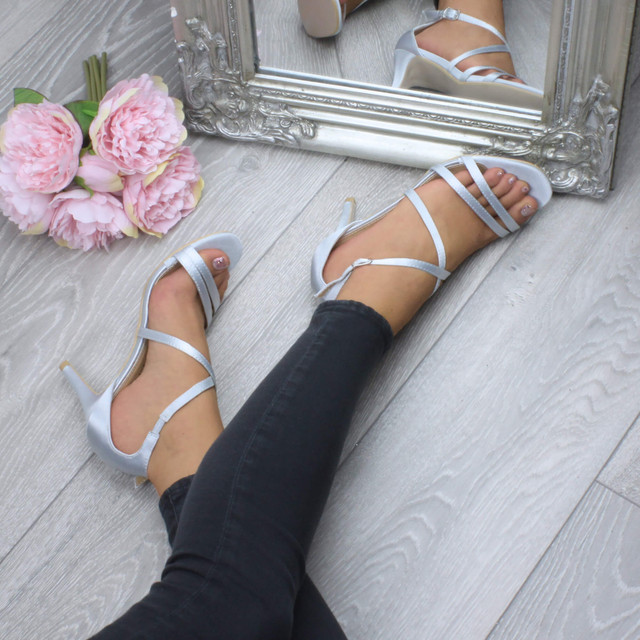Model wearing Silver Satin Mid Heel Strappy Crossover Sandals