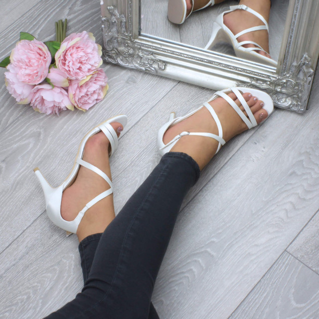 Model wearing White Satin Mid Heel Strappy Crossover Sandals