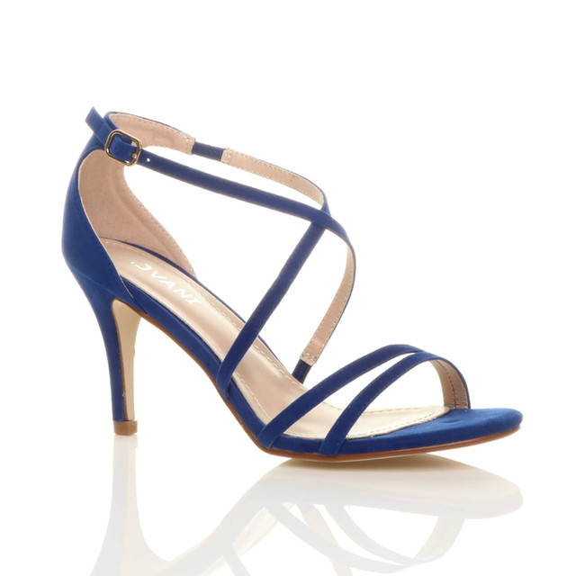 Front right side view of Cobalt Blue Suede Mid Heel Strappy Crossover Sandals