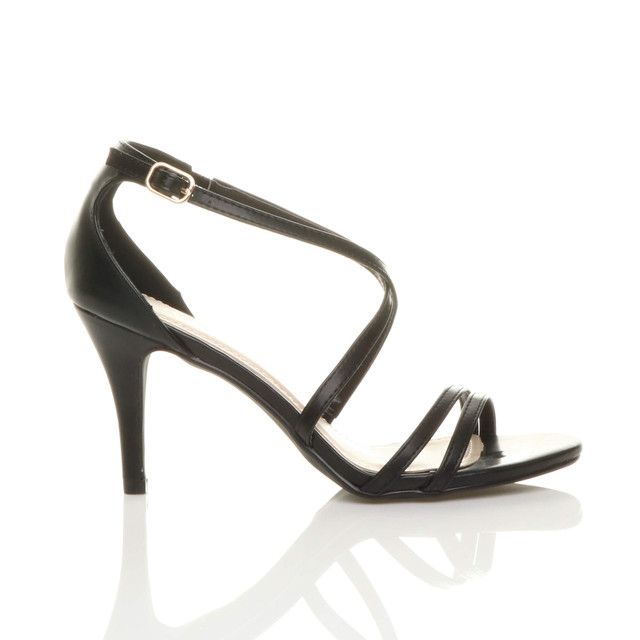 Right side view of Black PU Mid Heel Strappy Crossover Sandals