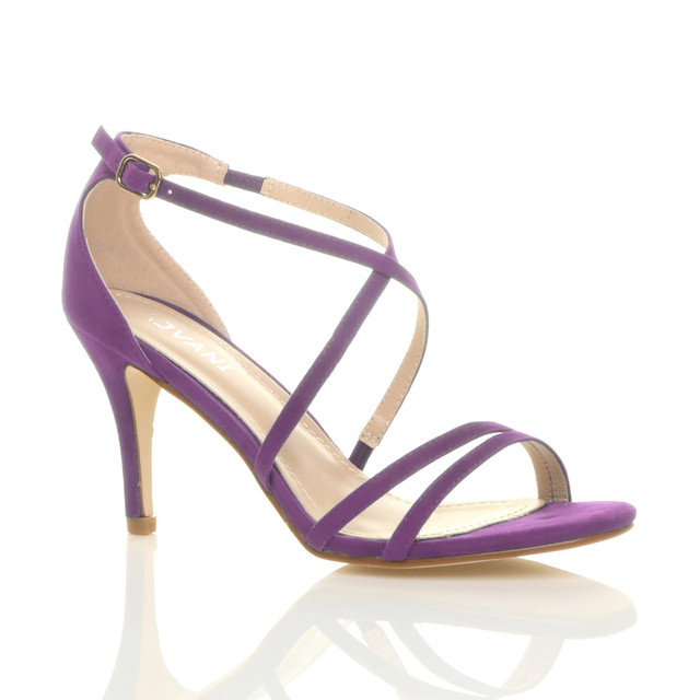 Front right side view of Purple Suede Mid Heel Strappy Crossover Sandals