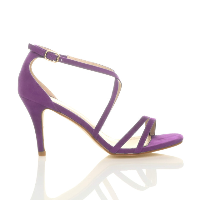 Right side view of Purple Suede Mid Heel Strappy Crossover Sandals