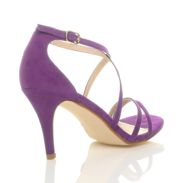 Back right side view of Purple Suede Mid Heel Strappy Crossover Sandals