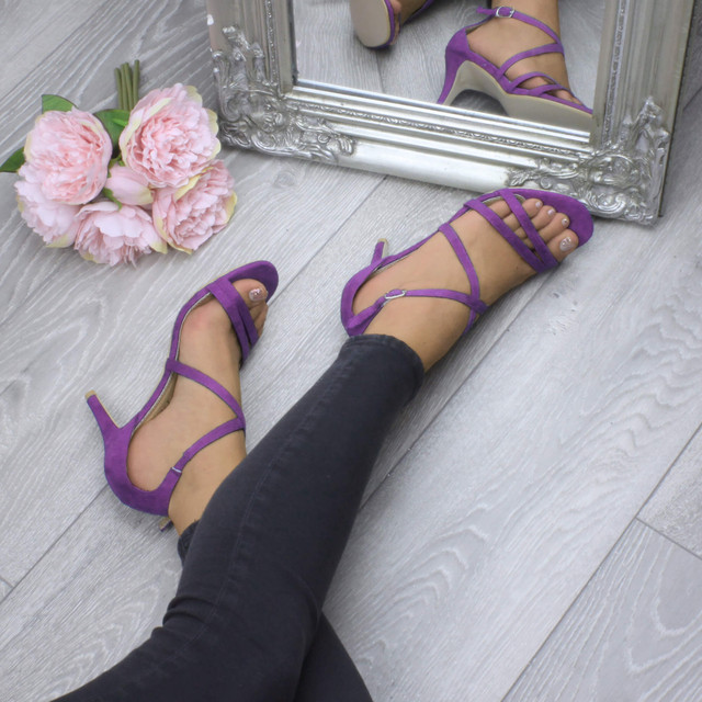 Model wearing Purple Suede Mid Heel Strappy Crossover Sandals