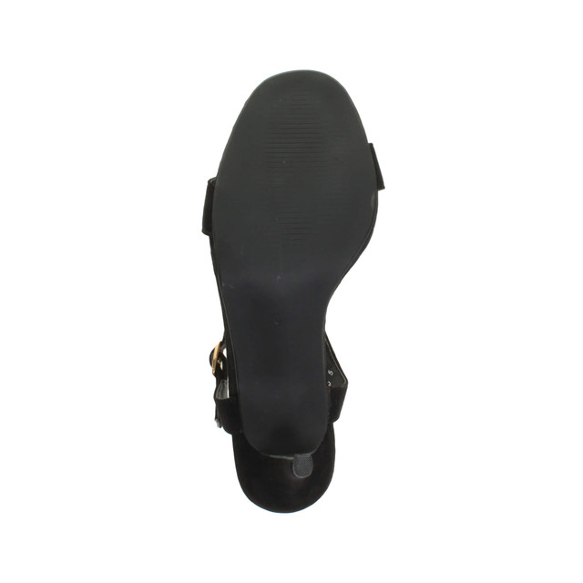 Bottom view of the sole of Black Suede High Heel Strappy Buckle Sandals