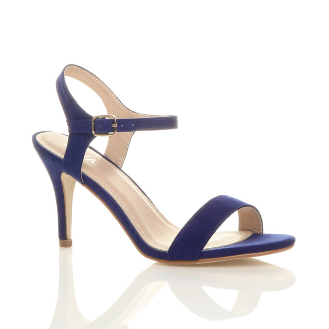 Front right side view of Cobalt Blue Suede High Heel Strappy Buckle Sandals