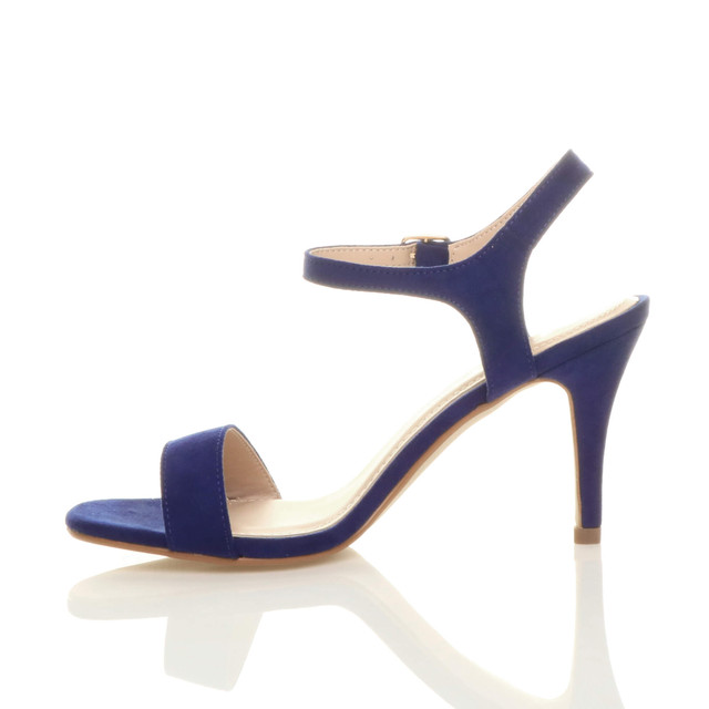 Left side view of Cobalt Blue Suede High Heel Strappy Buckle Sandals