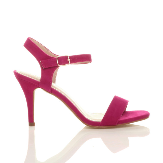 Right side view of Fuchsia Pink Suede High Heel Strappy Buckle Sandals