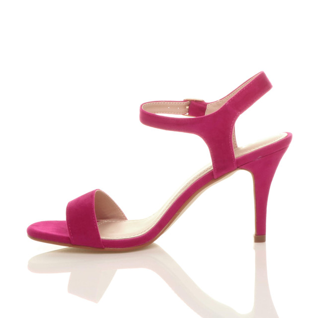 Left side view of Fuchsia Pink Suede High Heel Strappy Buckle Sandals