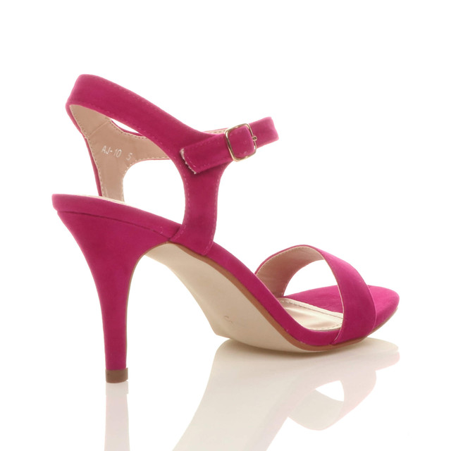 Back right side view of Fuchsia Pink Suede High Heel Strappy Buckle Sandals