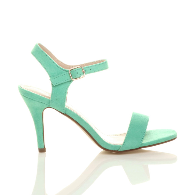 Right side view of Mint Suede High Heel Strappy Buckle Sandals